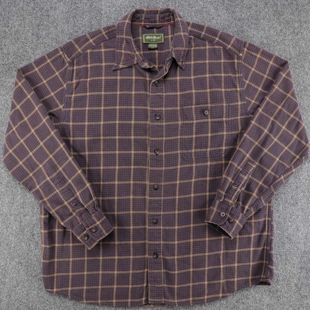 Eddie Bauer Mens Large Purple Plaid Cotton Flannel Long Sleeve Button Down Shirt